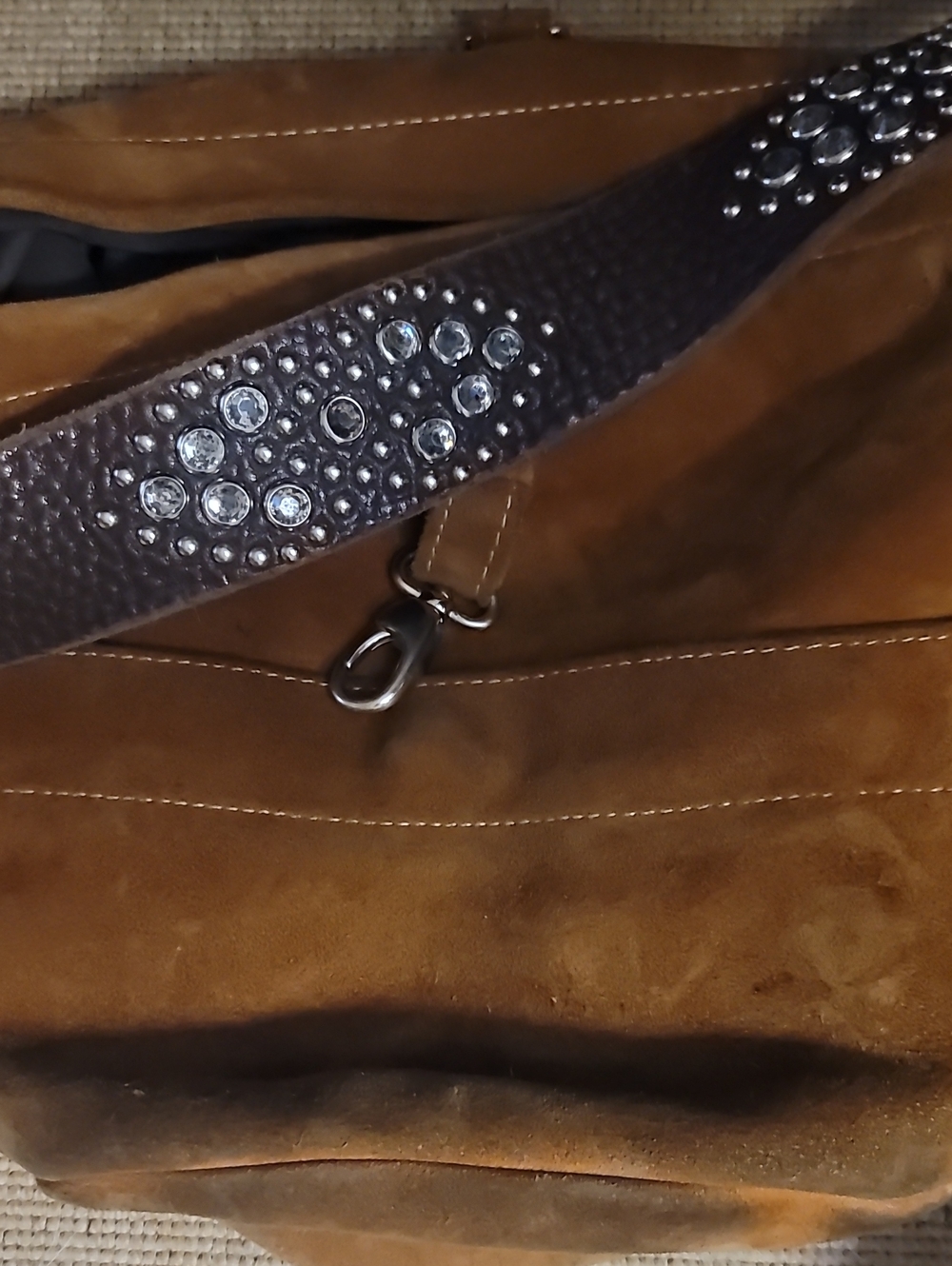 Vintage Tylie Malibu Brown Suede Utility Hobo Bag - Studded Crystal Strap